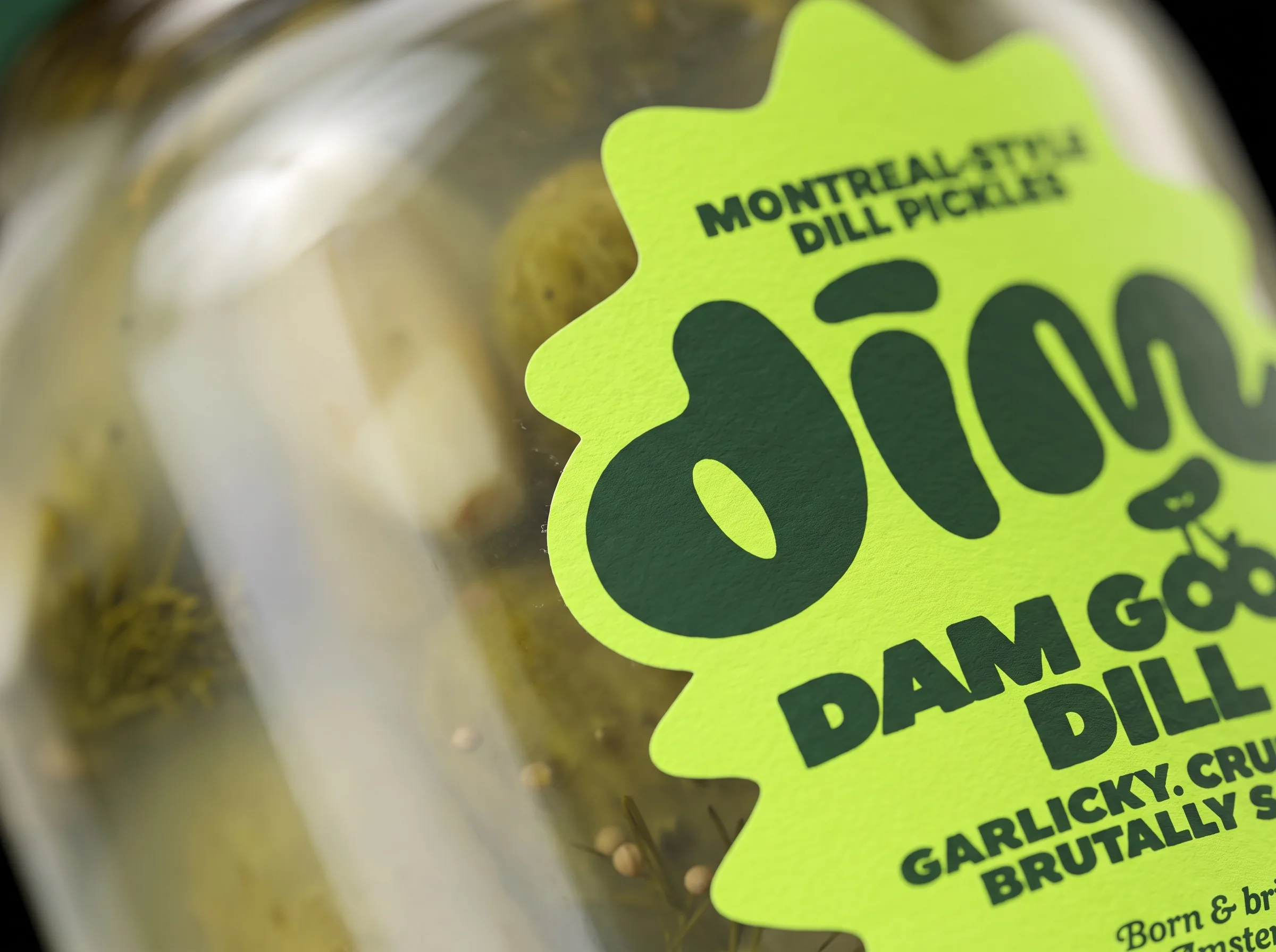 Close-up of the Dim Pickles label on a jar: Dam Good Dill