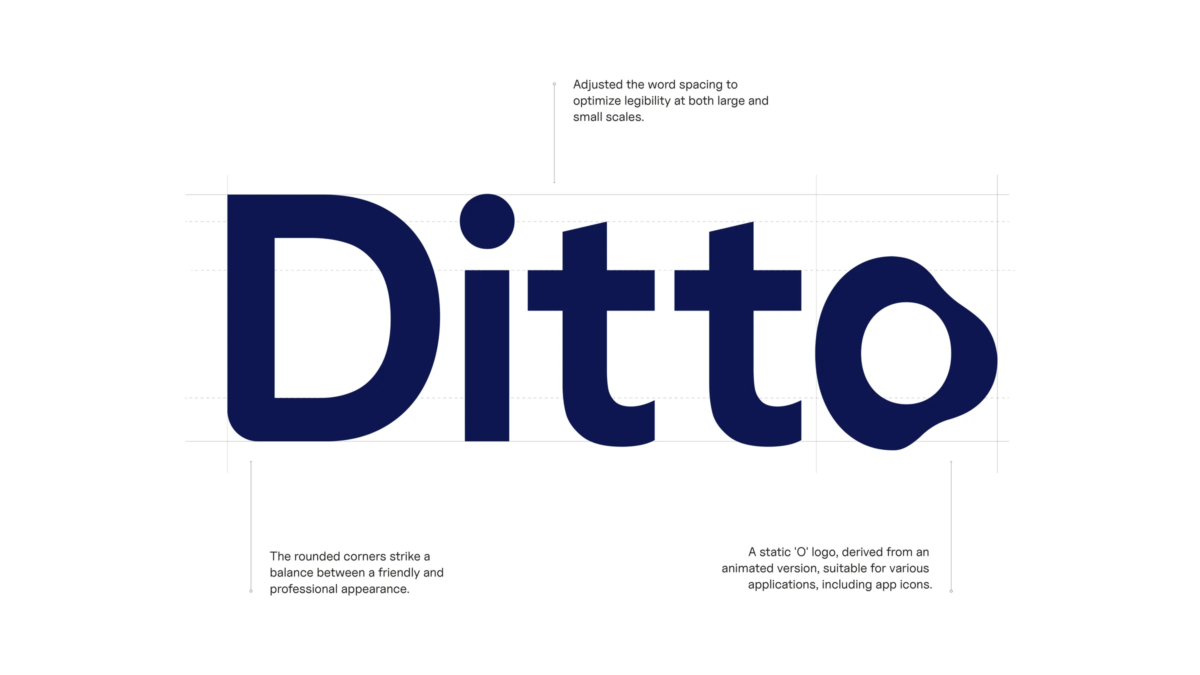 Construction of the Ditto wordmark with notes on corners and the O