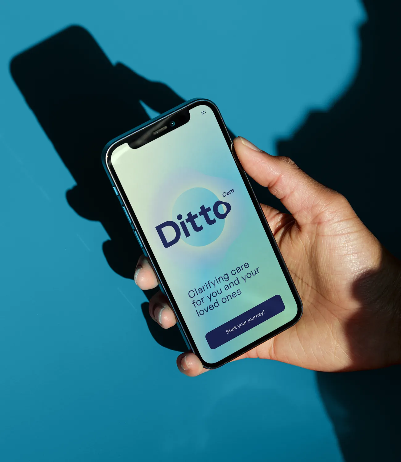 Hand holding a phone with the Ditto app against a bright blue wall
