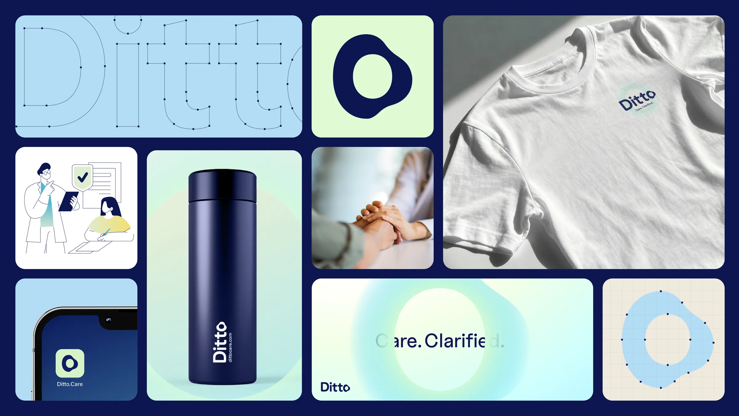 Ditto identity overview: wordmark, O symbol, merch and app icon
