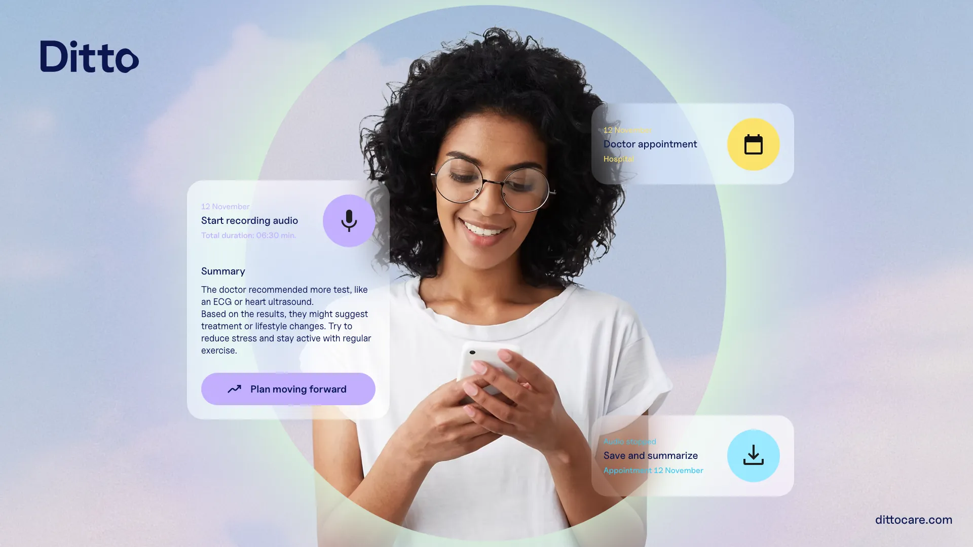 Ditto campaign visual with app cards around a woman on her phone