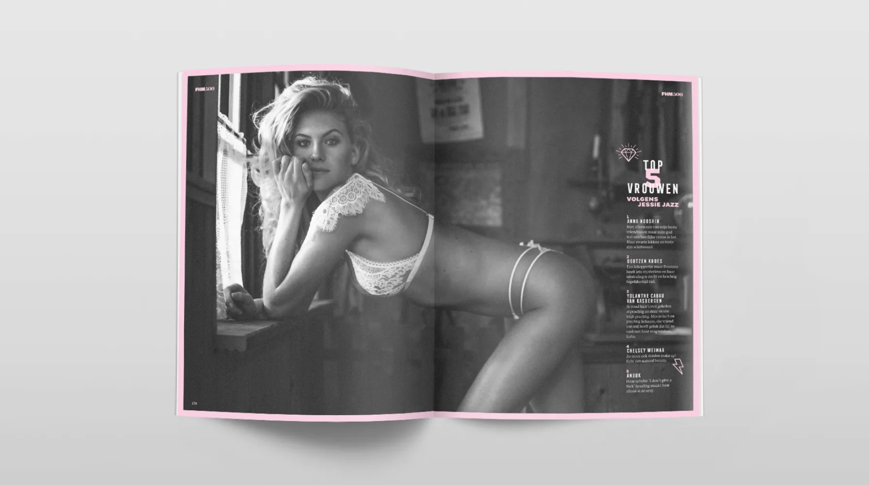 Full-bleed black-and-white spread with Jessie Jazz Vuijk’s top 5