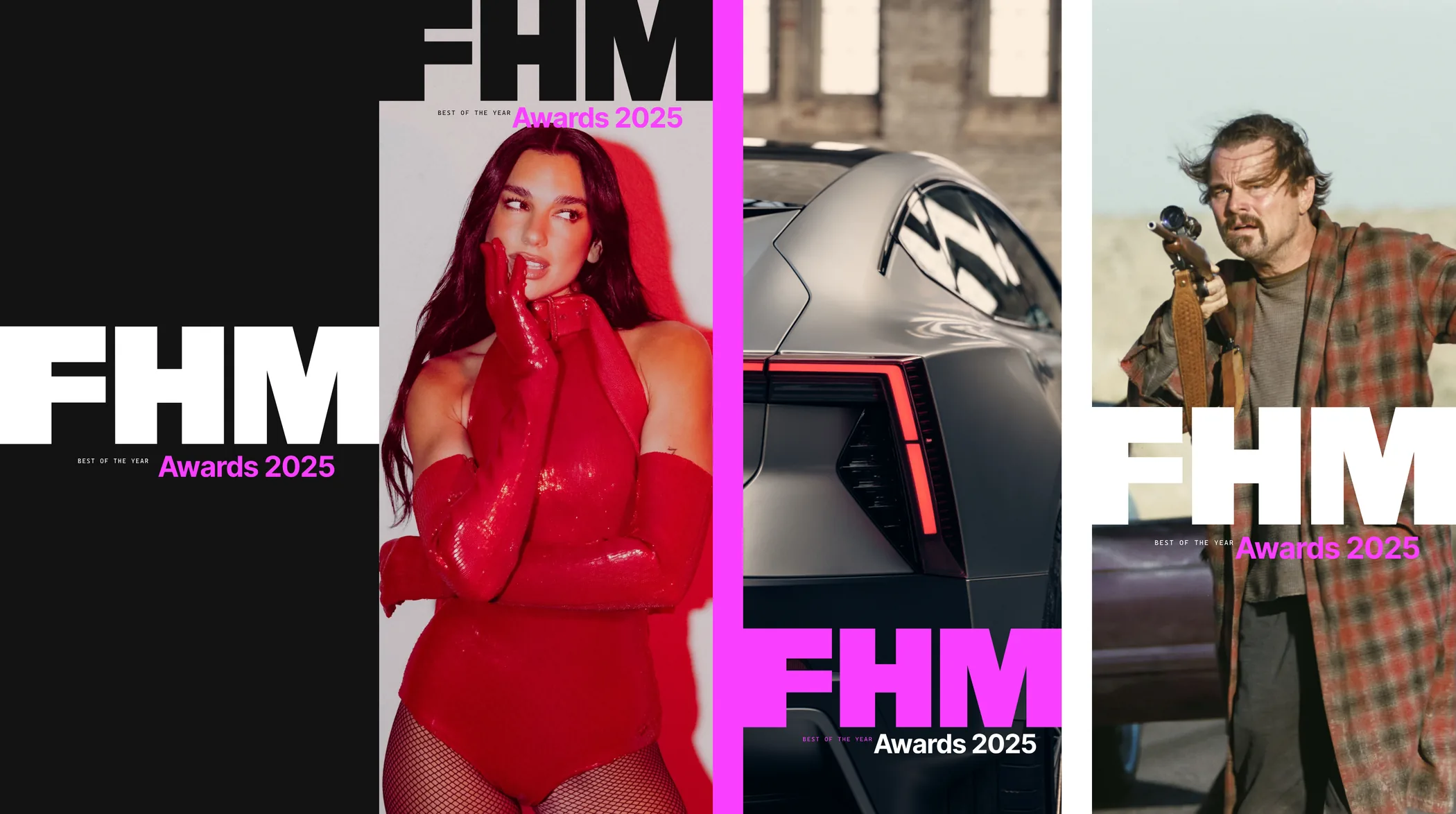 FHM Awards 2025 stories: black, Dua Lipa, magenta with a car, and DiCaprio