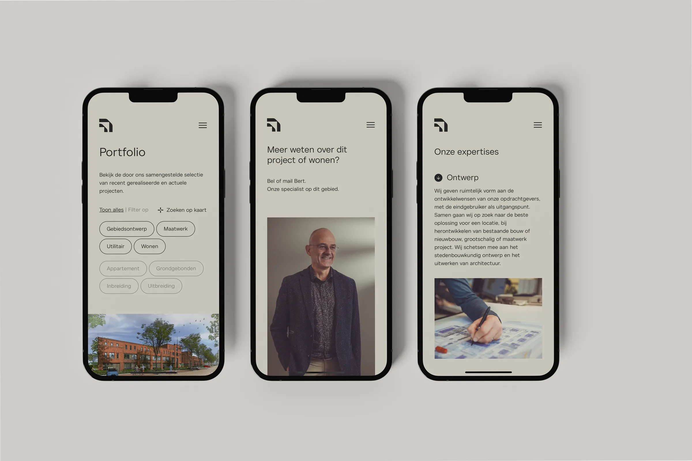 Three mobile screens: portfolio, contact and expertise