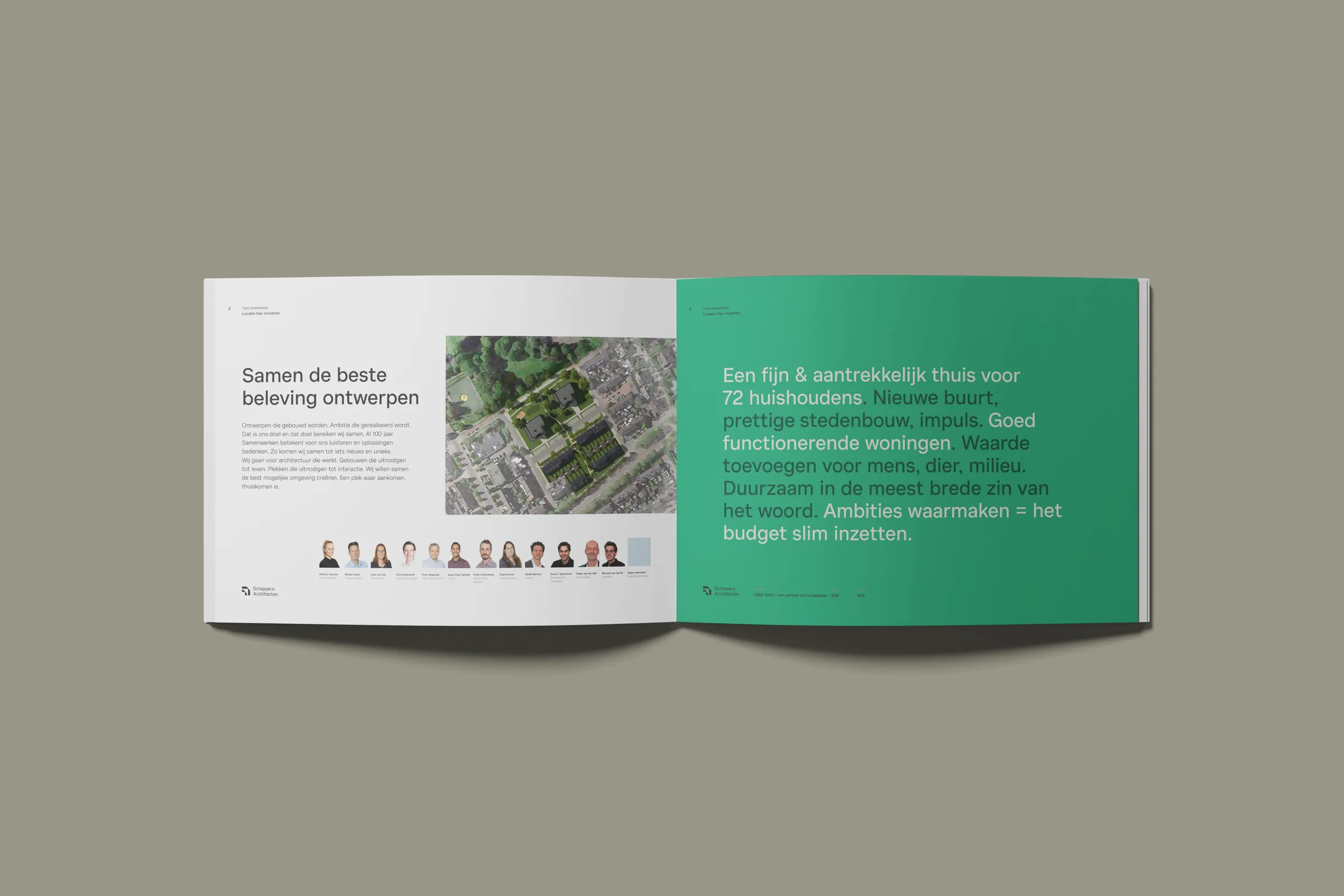 Brochure spread with an aerial site plan and a green statement page