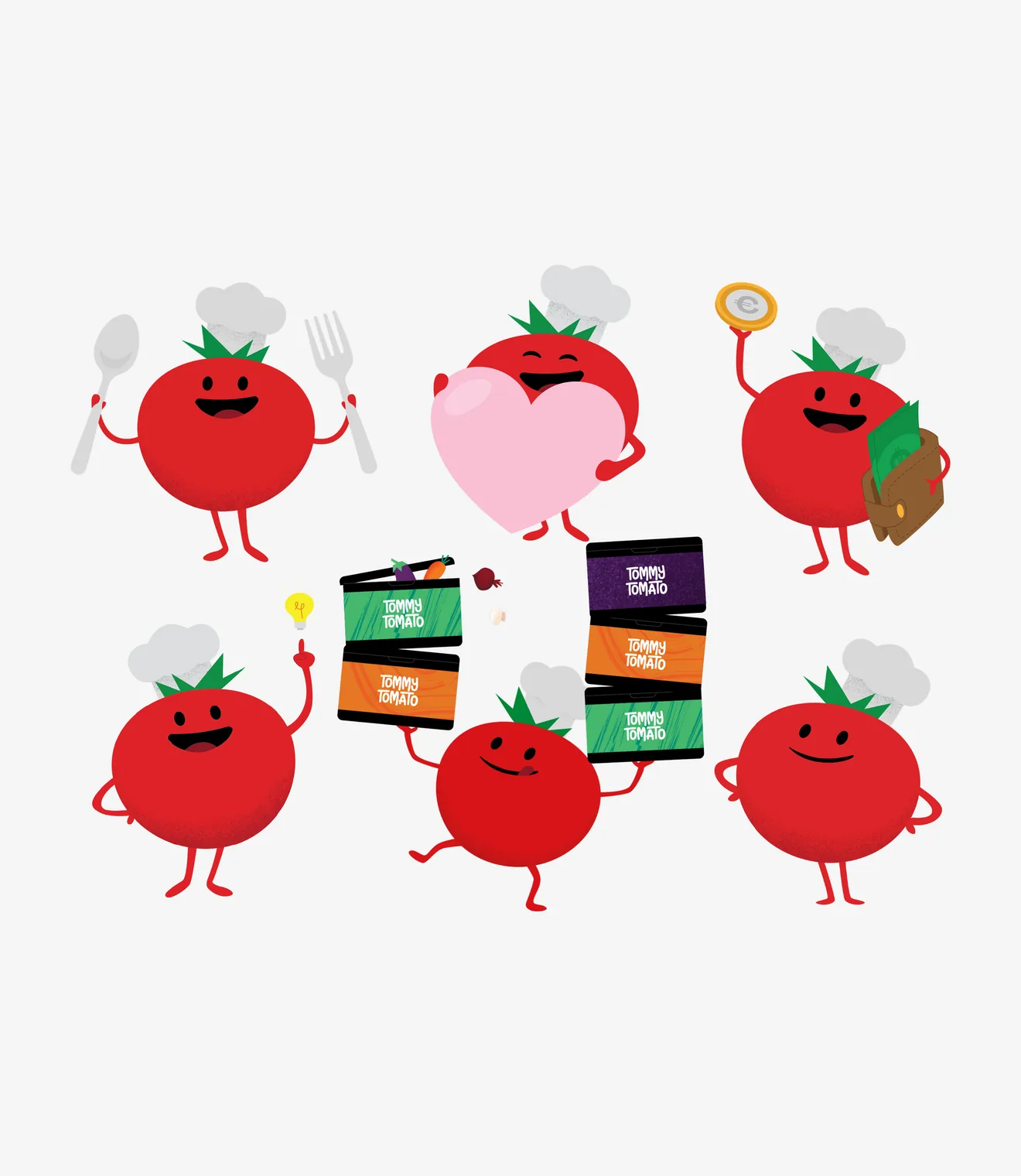 Tommy the tomato in different poses, from the brand guidelines