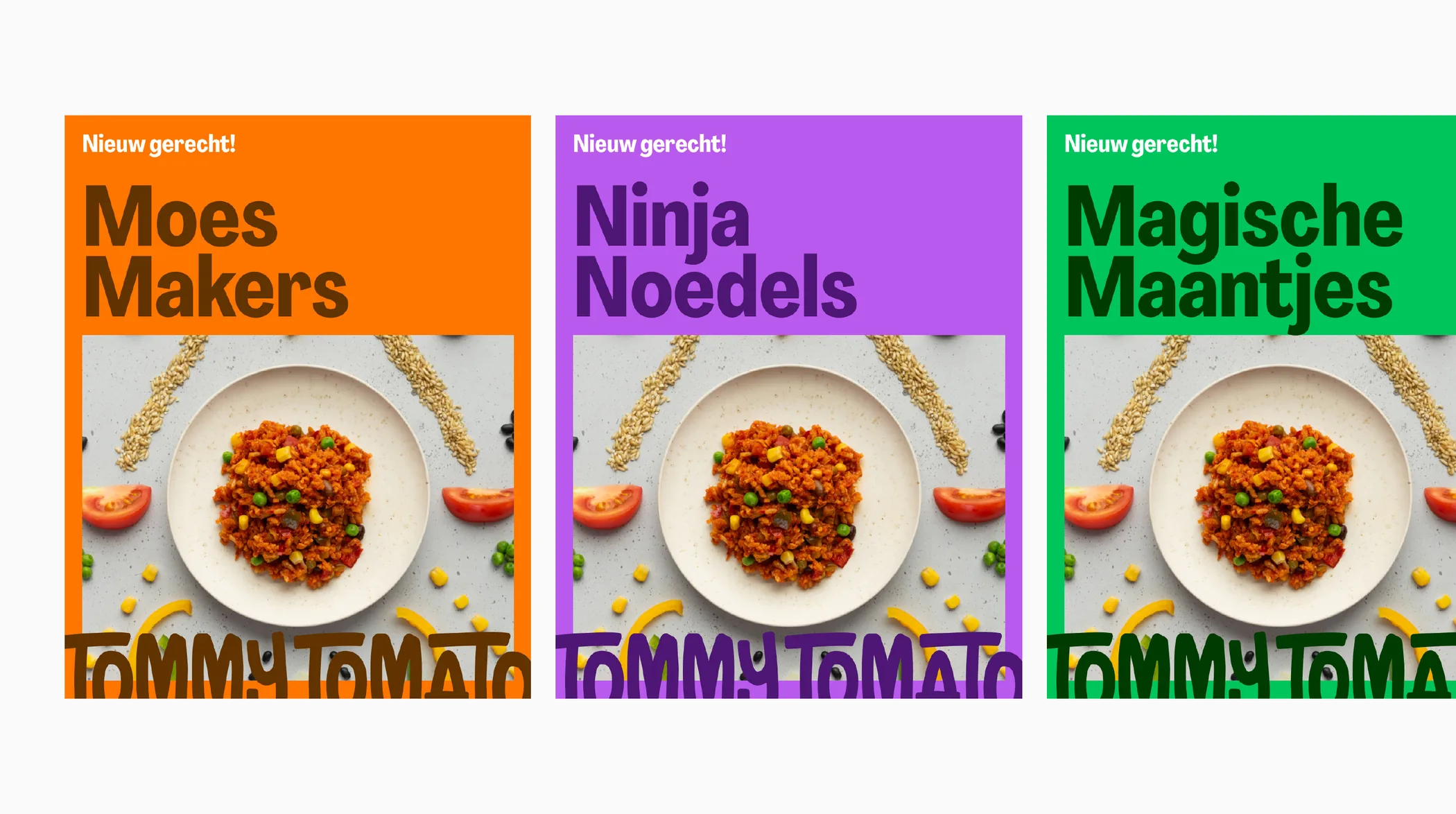 TommyTomato social posts for new dishes: Moes Makers, Ninja Noedels, Magische Maantjes